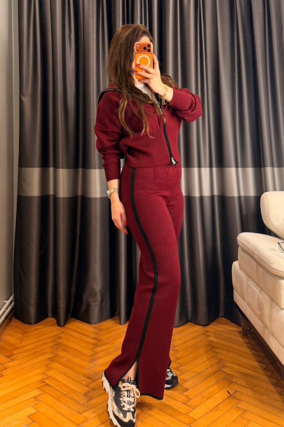 Bordo Şeritli Triko Takım