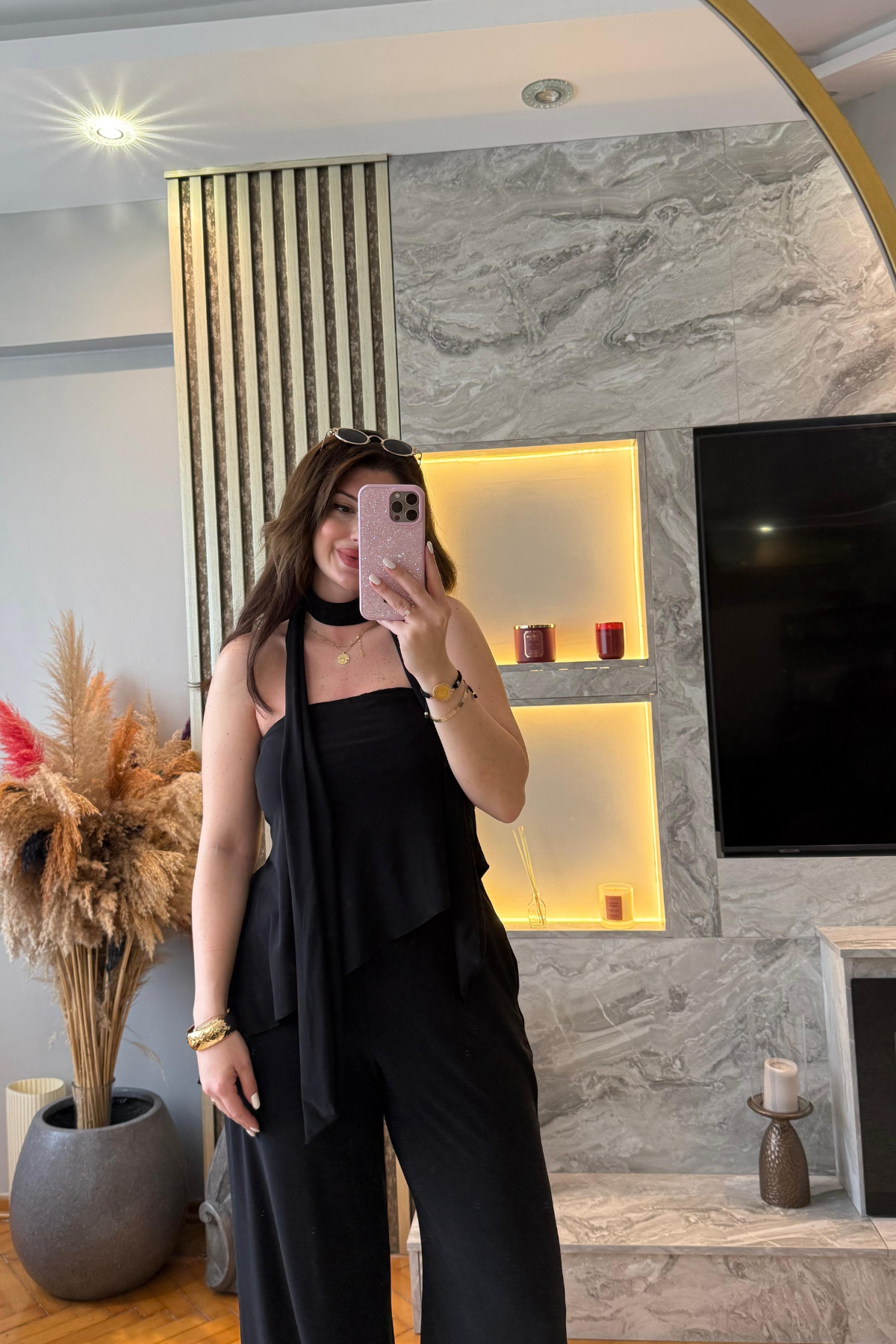 Fularlı Siyah Straplez Takım