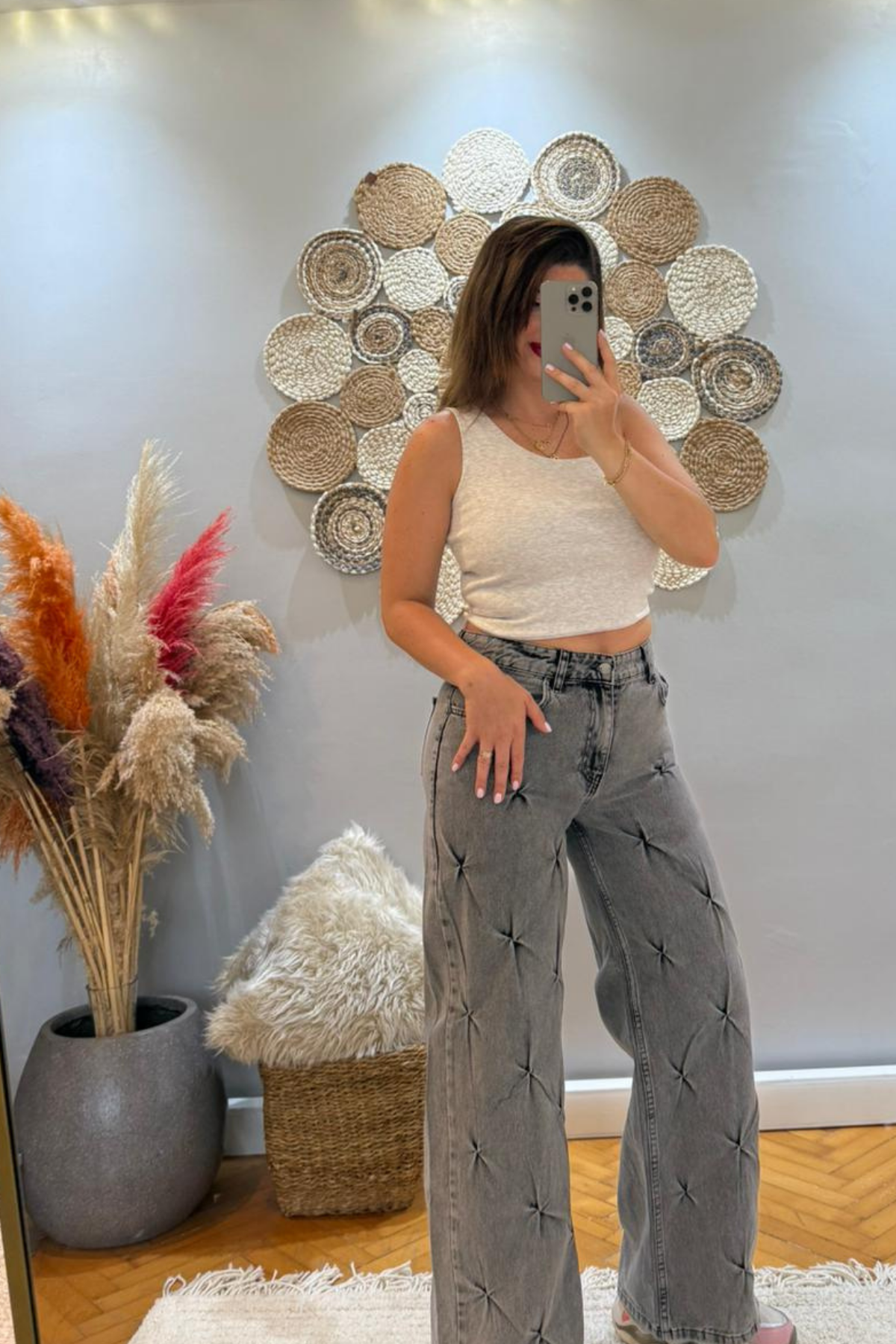 Gri Fiyonk Detaylı Jean