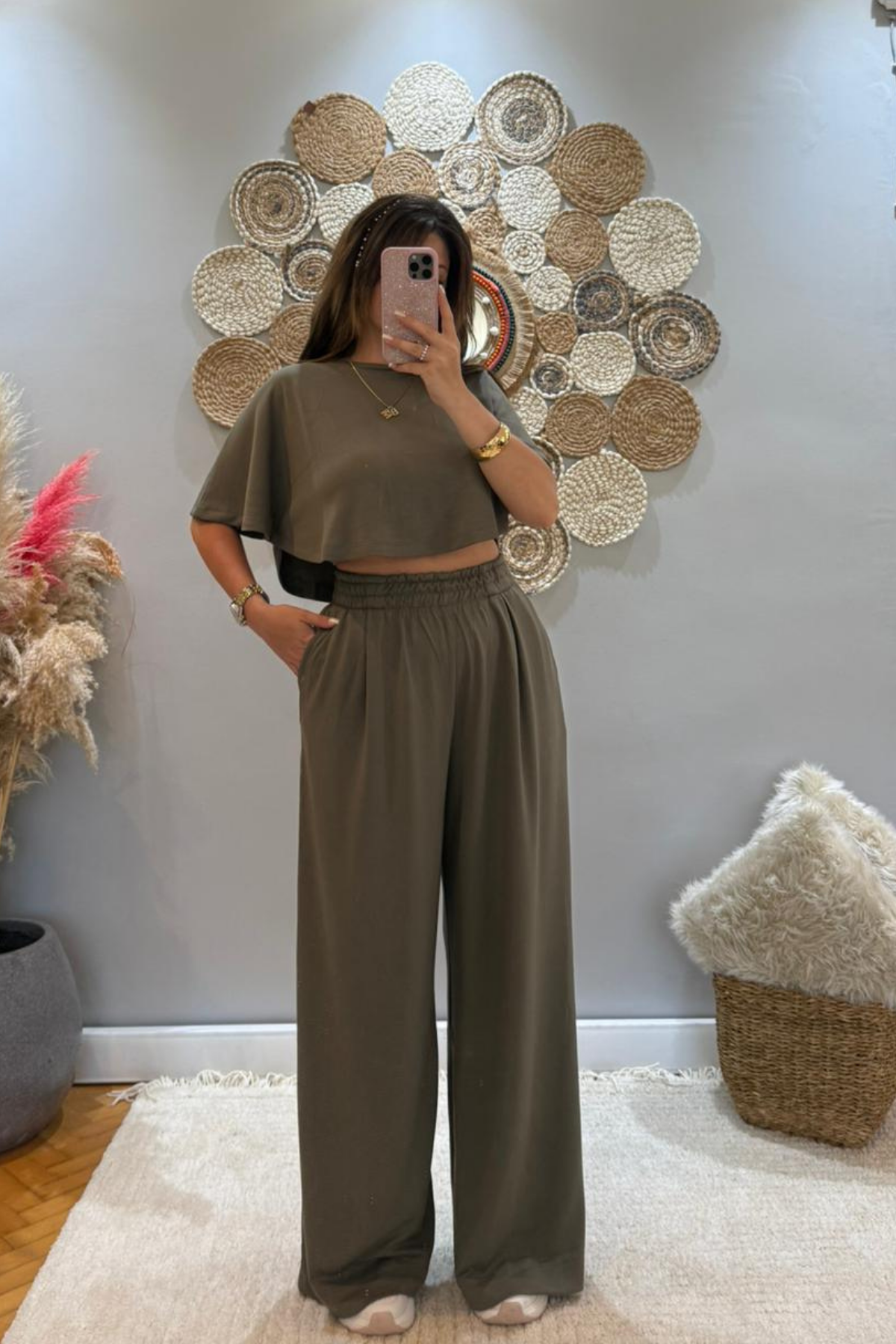 Haki Crop Palazzo Eşofman Takımı