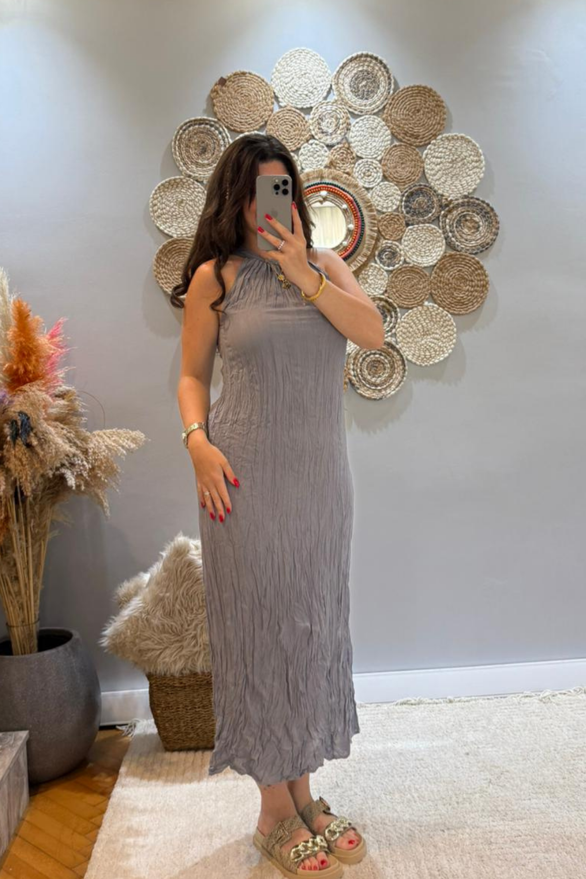 Halter Yaka Gri  Kırışık Kumaş Elbise