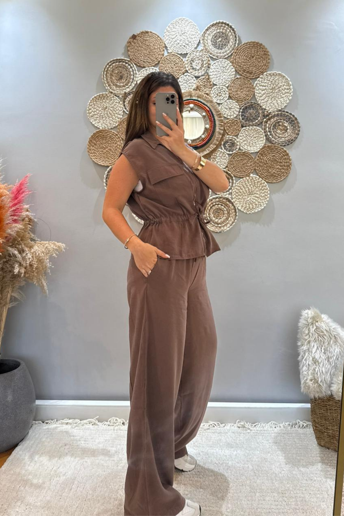 Kahve Fermuarlı Bluz Pantolon Takım