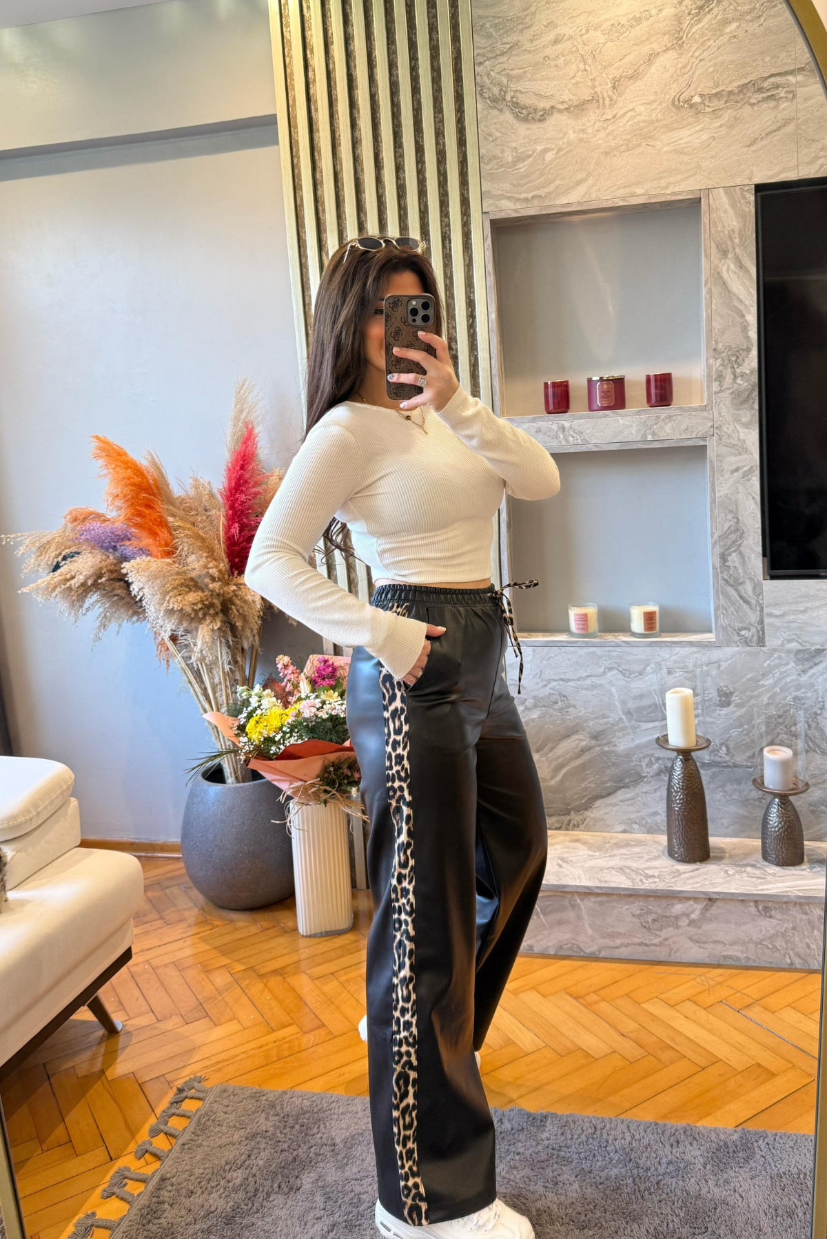 Leopar Şeritli Deri Pantalon