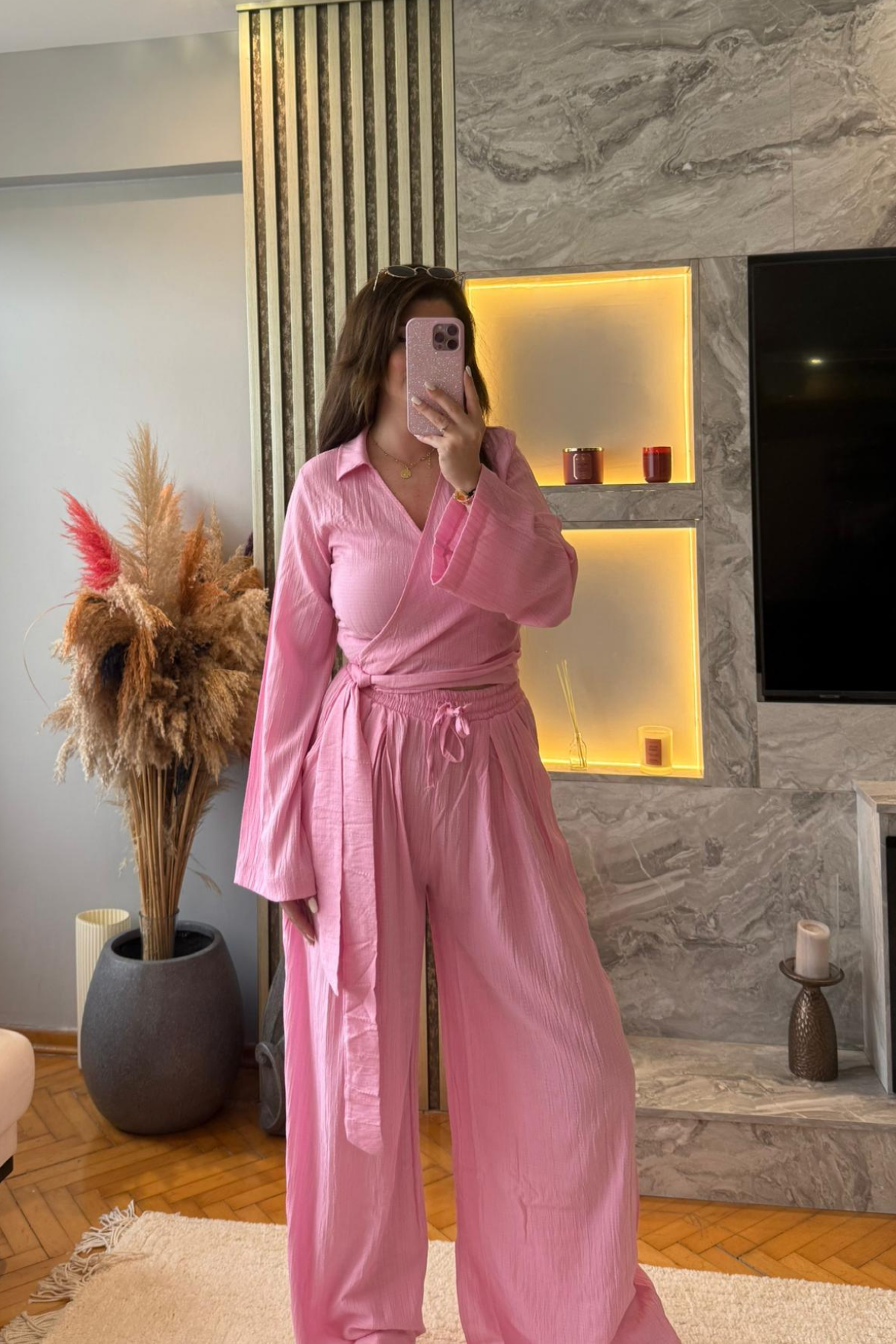 Pembe Bağlamalı Gofreli Takım