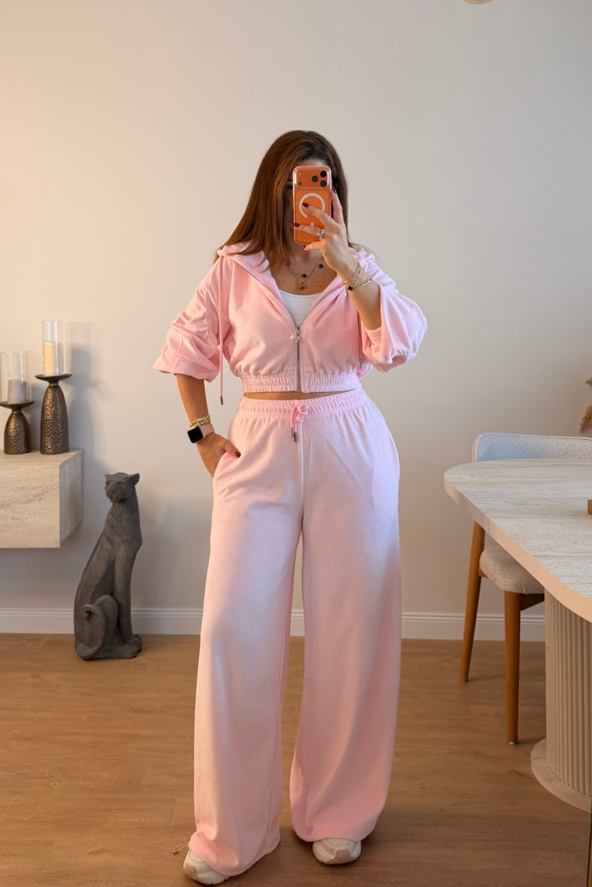 Pembe Kadife Kapüşonlu Eşofman Takımı