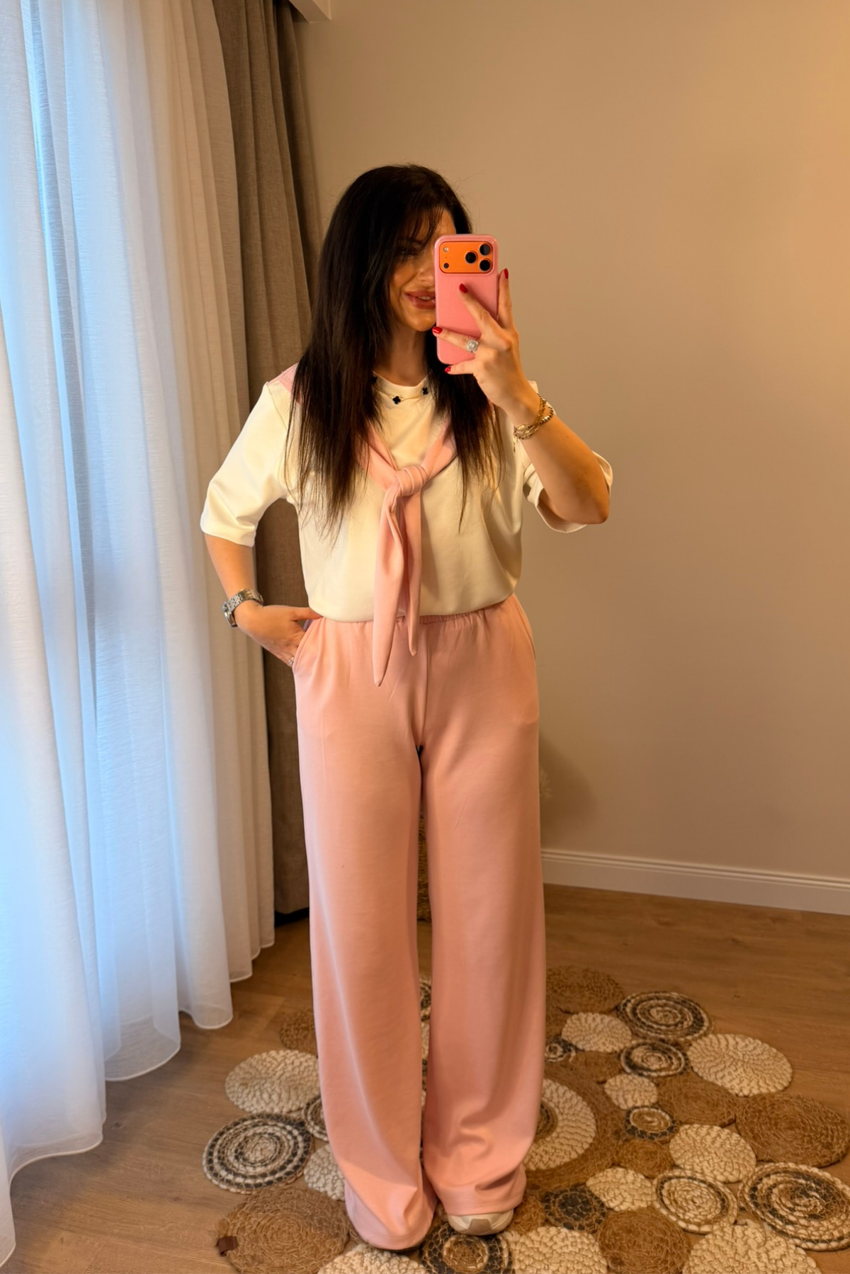 Pembe Önden Bağlamalı Bluz Pantolon Takım