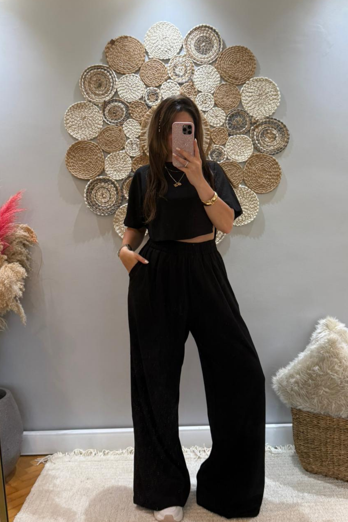 Siyah Crop Palazzo Eşofman Takımı