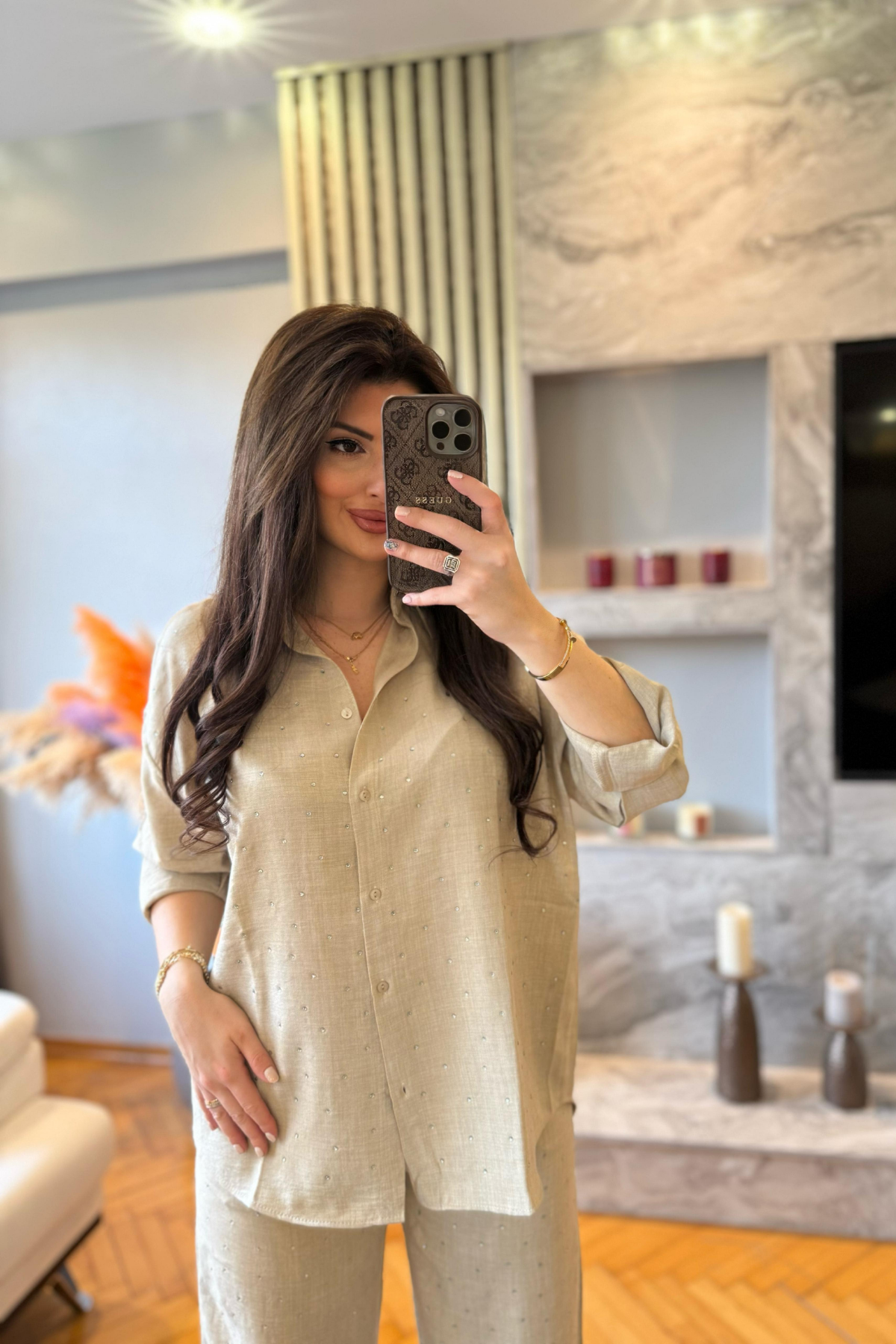 Taşlı Premium Bej Keten Takım