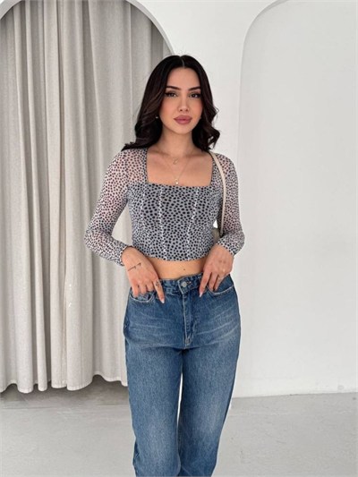 Bebe Mavisi Kahve Puantiye Desenli Tül Crop