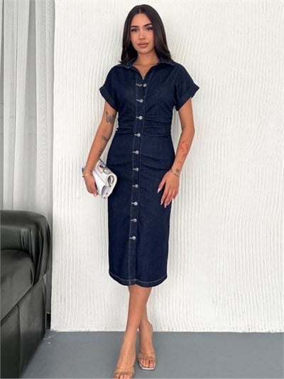 Lacivert Düğme Detaylı Jean Elbise