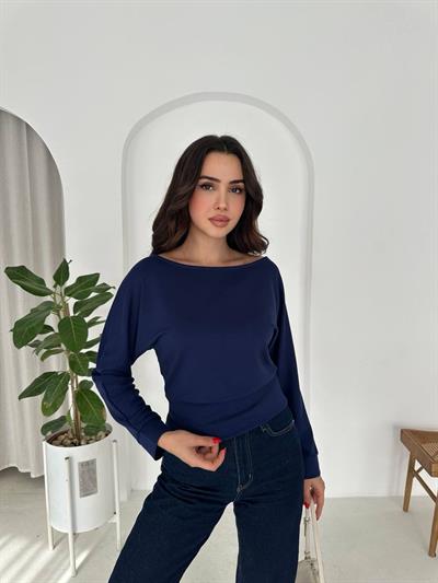 Lacivert Kayık Yaka Modal Kumaş Bluz