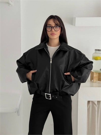 Siyah Kemerli Yarasa Kol Oversize Deri Ceket