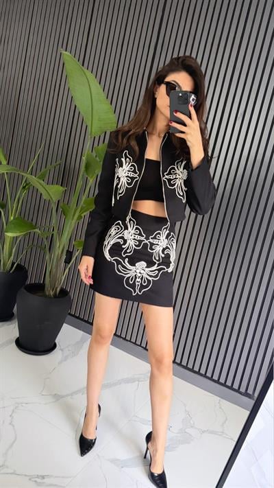 Nakışlı Gabardin Siyah Etek