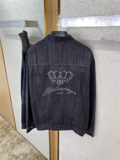 Balenciaga Rhinestone Denim Jacket – Vintage Washed Crown Design | Unisex