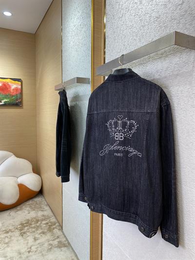 Balenciaga Rhinestone Denim Jacket – Vintage Washed Crown Design | Unisex