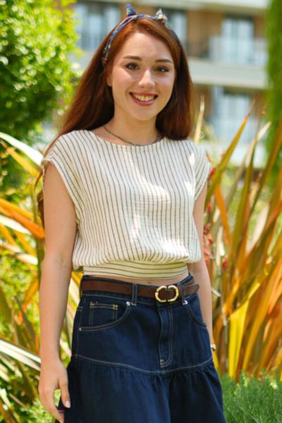 Belda Müslin Kumaş Crop Bluz Bordo Ekru