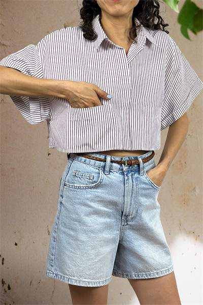 Bordo Çizgili Kısa Kollu Bol Kesim Crop Gömlek