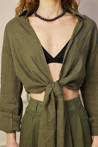 Crop Bağlamalı Keten Bluz Haki