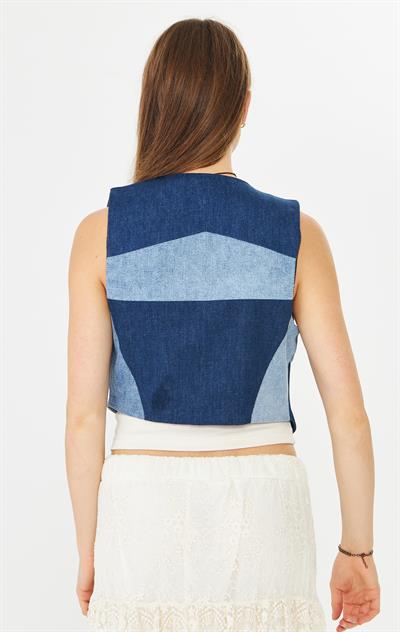 Denim Yelek Mavi Patchwork