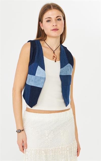 Denim Yelek Mavi Patchwork