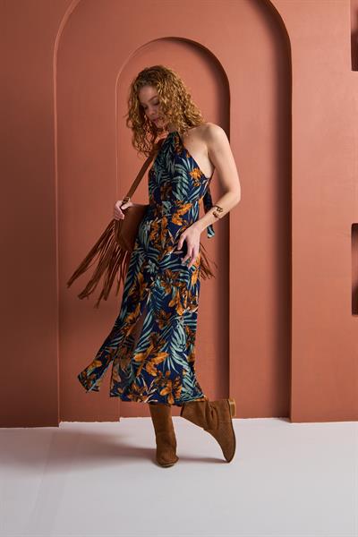 Floral Print - Çiçek Baskılı Viskon Dokuma Uzun Boy Elbise