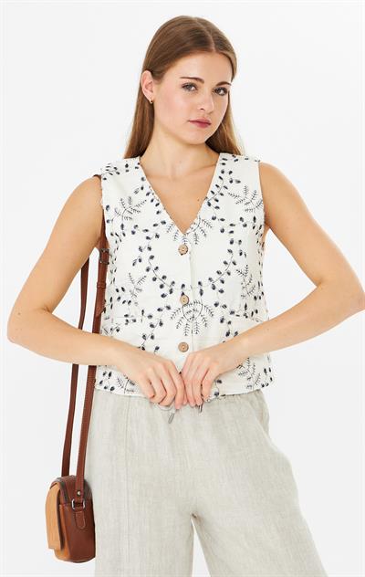 İşlemeli Yelek Ekru Lacivert Leafy Linen Crop Vest