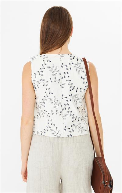 İşlemeli Yelek Ekru Lacivert Leafy Linen Crop Vest