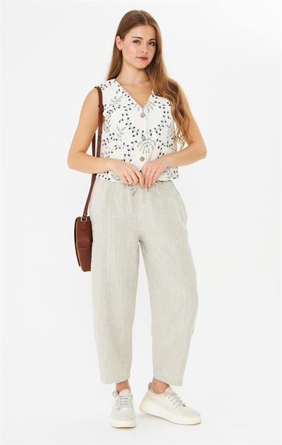İşlemeli Yelek Ekru Lacivert Leafy Linen Crop Vest