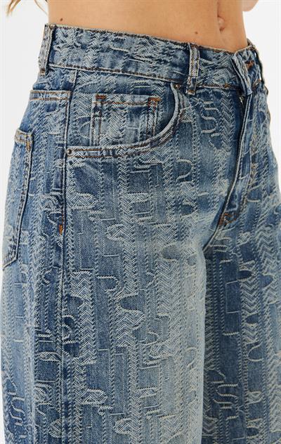 Jakarlı Eskitme Denim Pantolon Mavi