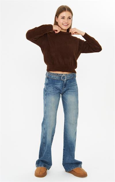 Kemerli Likralı Orta Mavi Denim Pantolon