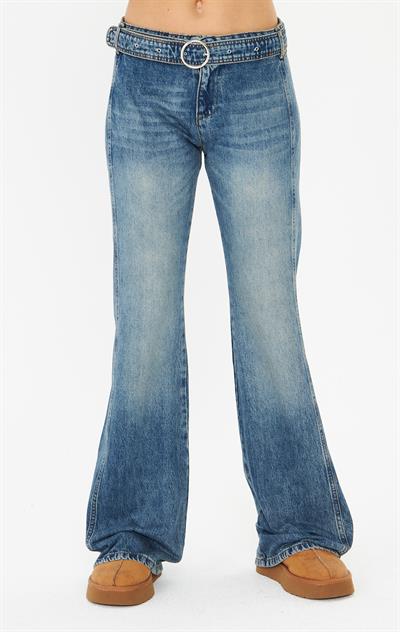 Kemerli Likralı Orta Mavi Denim Pantolon