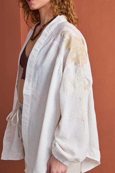 Keten Karışımlı Nakışlı Oversize Kimono