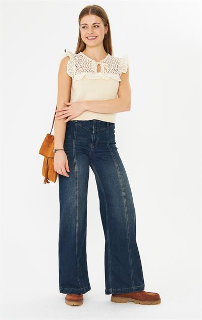 Ön Conta Detaylı Koyu Mavi Denim Pantolon