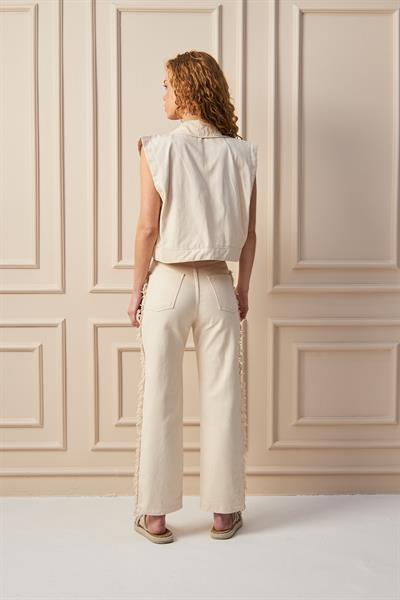 Nakış İşlemeli Ekru Bohem Gabardin Pantolon
