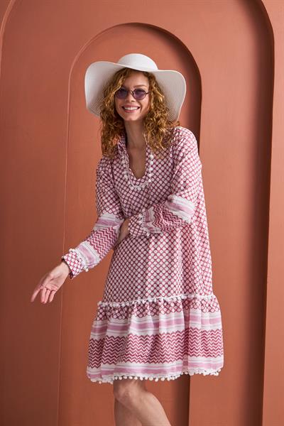 Dokulu Puantiye Desenli Pembe Bohem Elbise | Gleamers