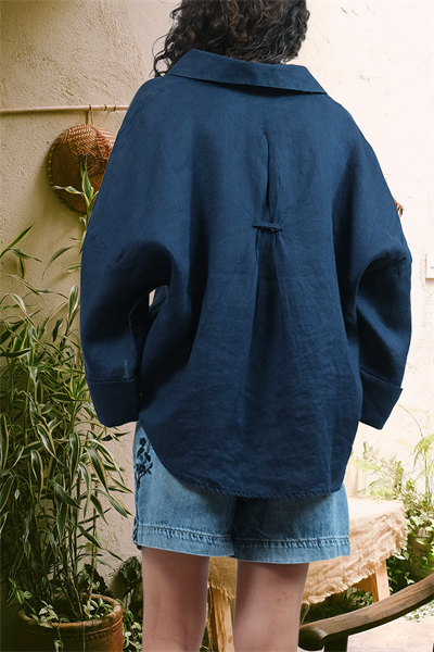 Purette %100 Keten Oversize Kadın Gömlek Lacivert