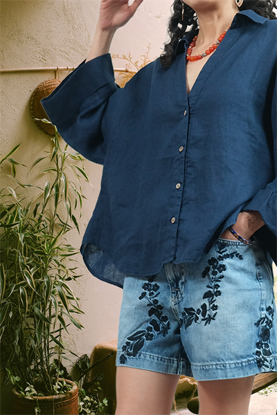 Purette %100 Keten Oversize Kadın Gömlek Lacivert