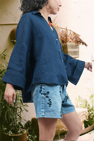 Purette %100 Keten Oversize Kadın Gömlek Lacivert