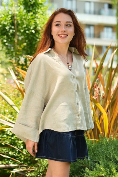 Purette %100 Keten Oversize Kadın Gömlek Naturel