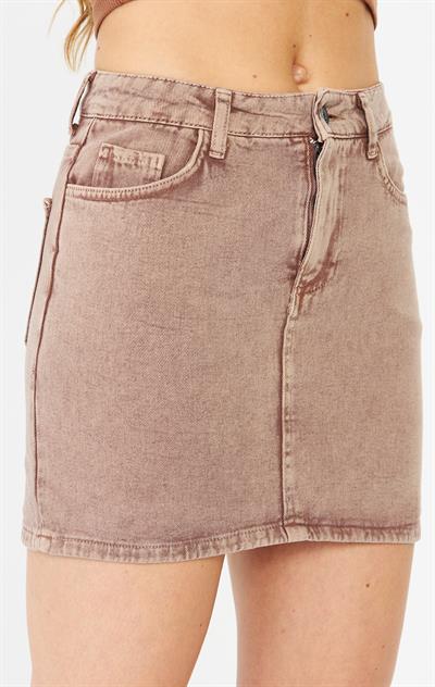 Sage Street Yüksek Bel Cepli Denim Mini Etek - Kahverengi