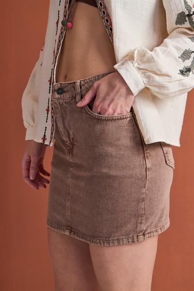 Sage Street Yüksek Bel Cepli Denim Mini Etek - Kahverengi