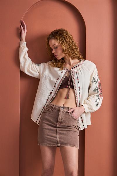Sage Street Yüksek Bel Cepli Denim Mini Etek - Kahverengi