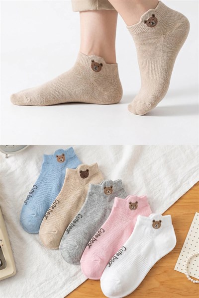 5 Çift Cute Bear Desenli Kadın Çorap