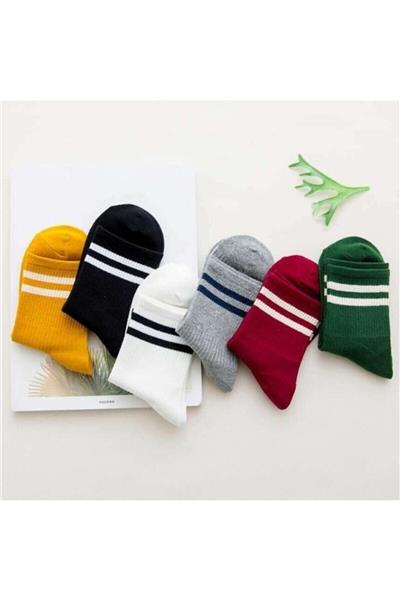 Unisex Renkli 6lı  Çizgili Tenis Çorabı