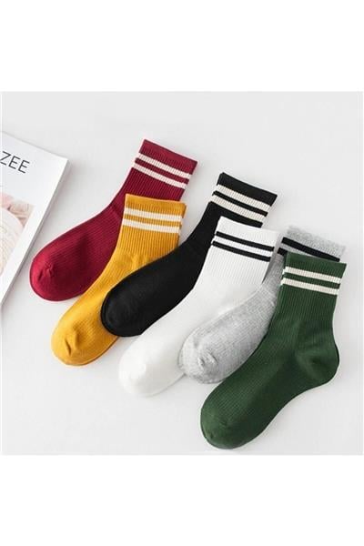 Unisex Renkli 6lı  Çizgili Tenis Çorabı