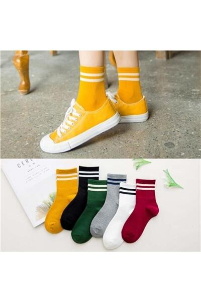 Unisex Renkli 6lı  Çizgili Tenis Çorabı