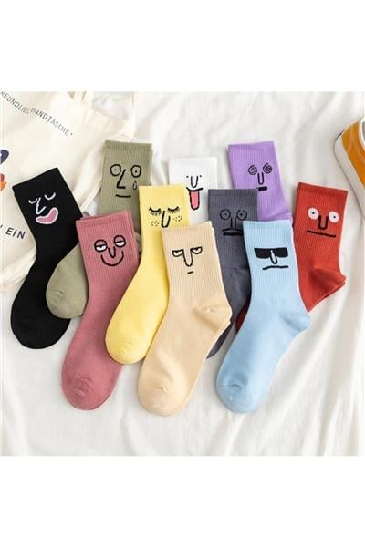 Unisex Renkli Yüz Desenli Tenis Çorap 10lu