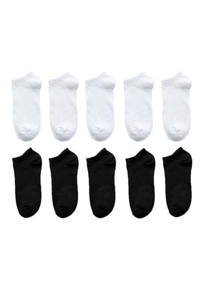 Unisex 10 Çift Koton Ekonomik Siyah + Beyaz Renk Patik Çorap