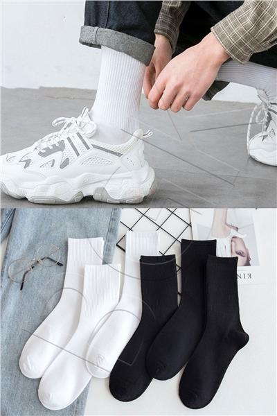 Unisex 6 Çift Düz Siyah-beyaz Tenis Çorap