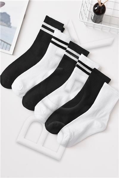 Unisex 6 Çift Düz Siyah-beyaz Tenis Çorap